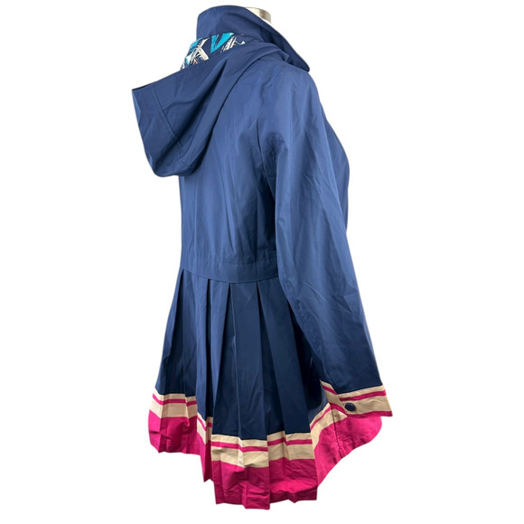 Chico's Hooded Rain Jacket Pleated Back Striped Hem Full Zip Navy Sz 2 US 12/14 - Picture 2 of 15